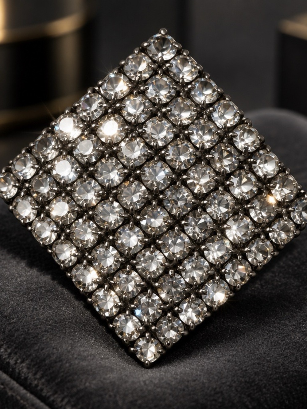 Vintage Clear Rhinestone Square Brooch Silver Tone Statement Pin